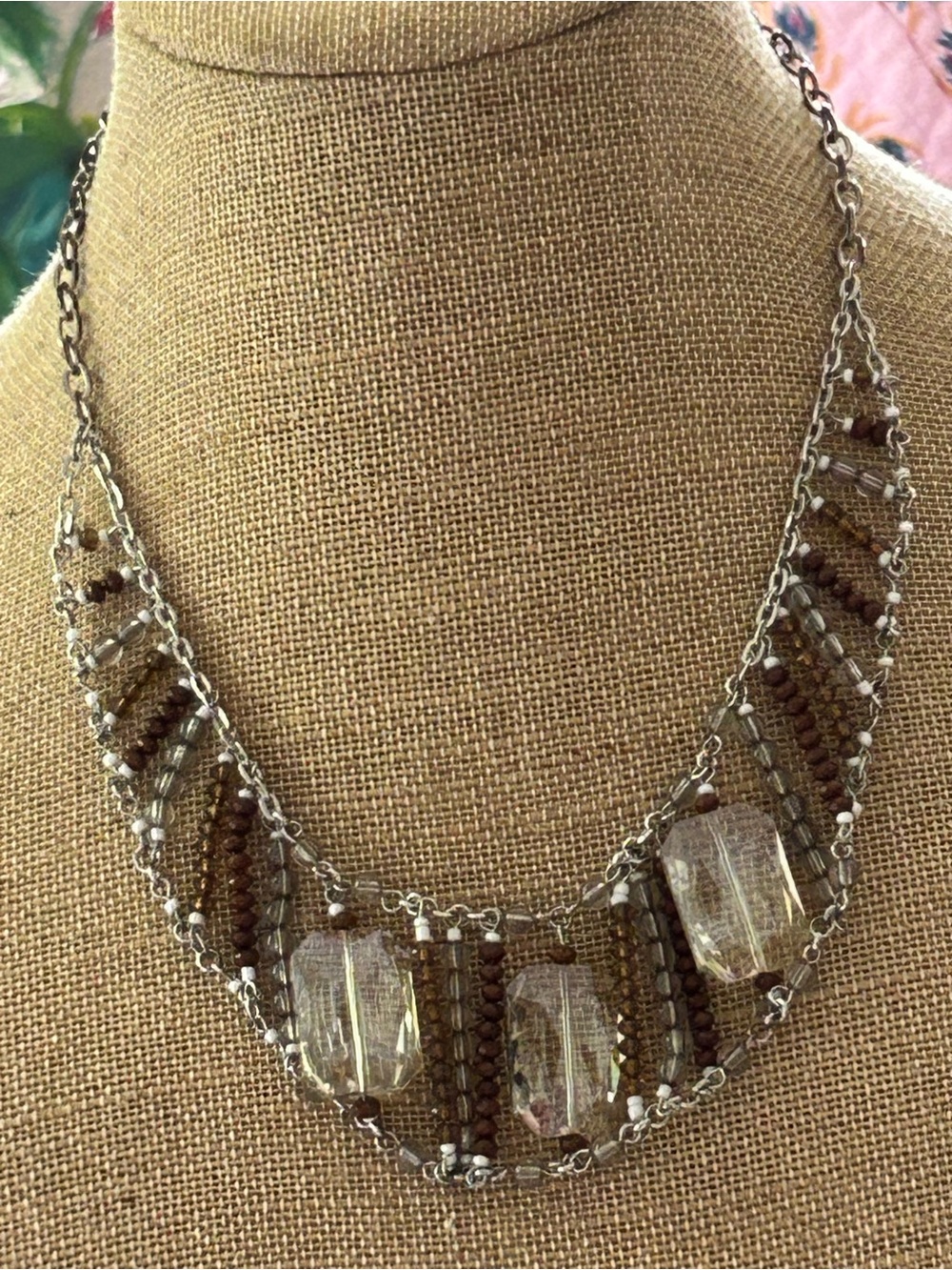 Handcrafted Brown glass Beaded Statement Necklace - Silver Chain